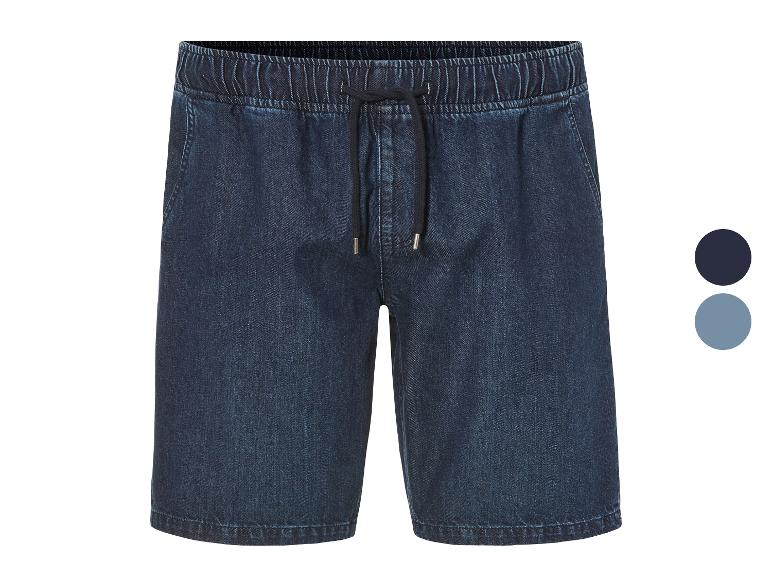 Jeans shorts met trekkoord, verkrijgbaar in donkerblauw en lichtblauw.