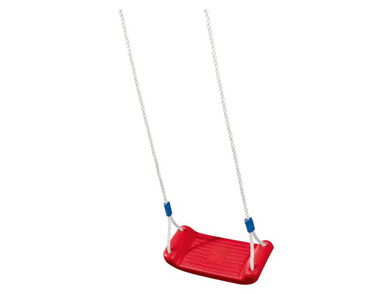 Balançoire en plastique rouge avec cordes blanches et ajusteurs bleus, portant le texte « lupilu ».