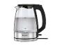 SilverCrest glazen waterkoker met zwart handvat en basis, gevuld met water
