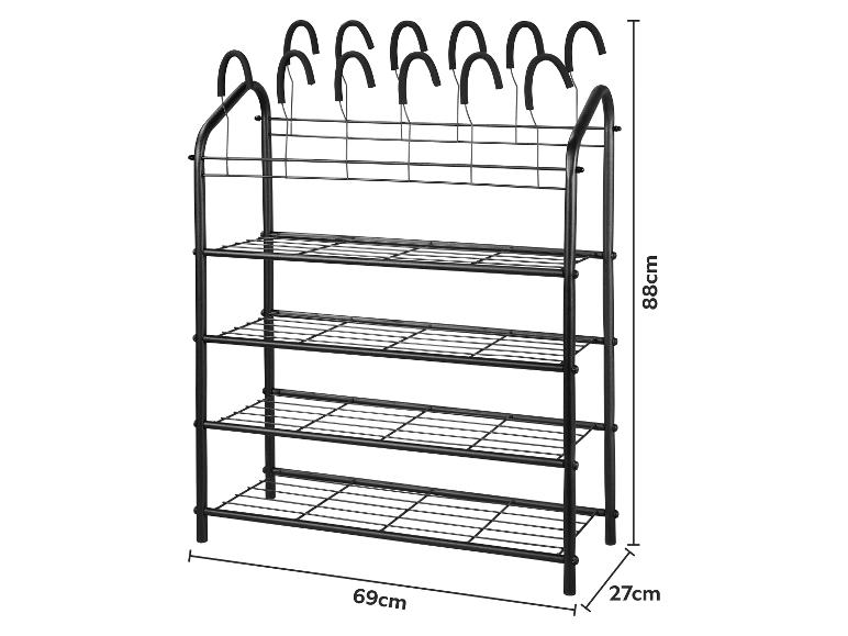 Zwart metalen schoenenrek met vier planken en bovenhaken, afmetingen 88x69x27cm.