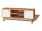 Een houten tv-meubel met witte deuren en twee legplanken.