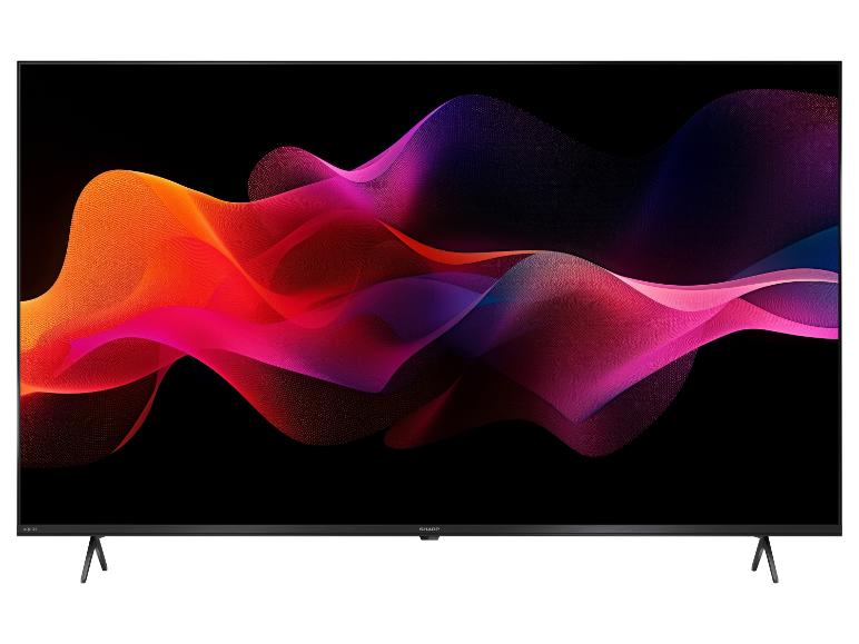 Sharp TV met kleurrijke abstracte golfvorm op scherm