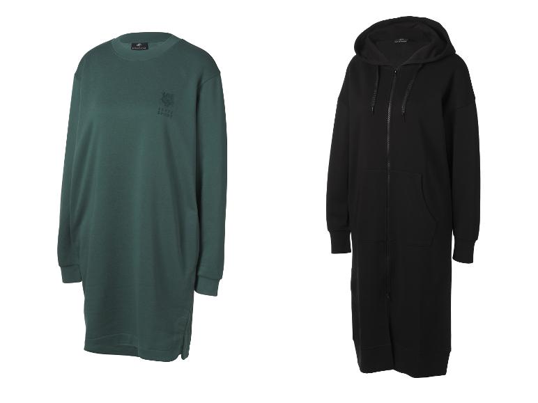Robe sweat à manches longues Jette Sport vert foncé et cardigan long noir à capuche.