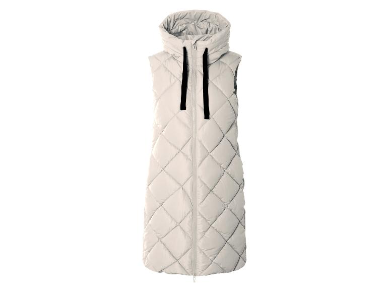 Beige gewatteerde vest met capuchon.