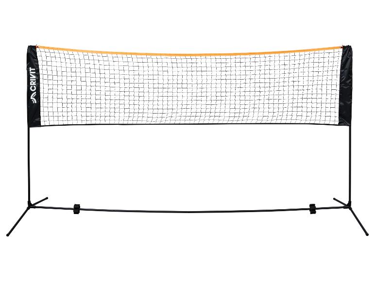 Filet portable de badminton et de volley-ball avec poteaux noirs et bande supérieure orange.