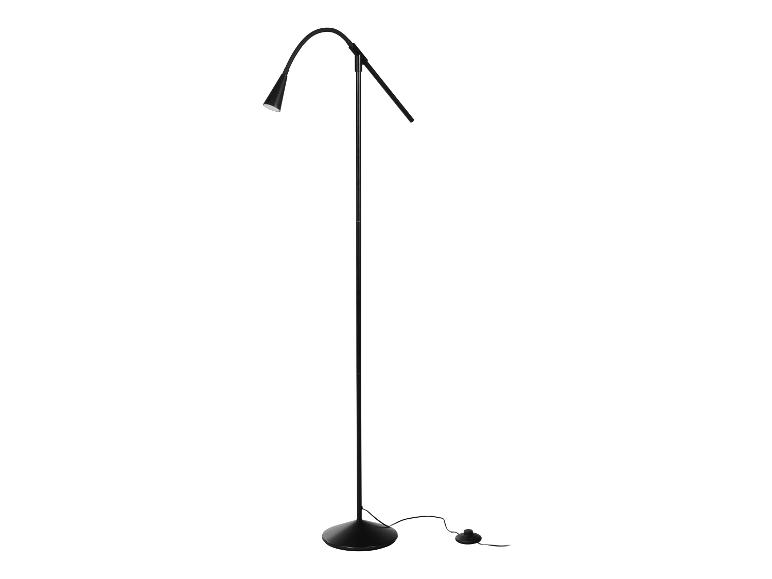 Zwarte vloerlamp met gebogen arm en ronde voet