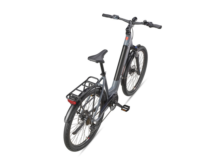 Een grijze elektrische fiets met bagagedrager.