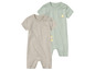 Twee baby rompers met korte mouwen, één grijs en één lichtgroen met een klein kuiken.