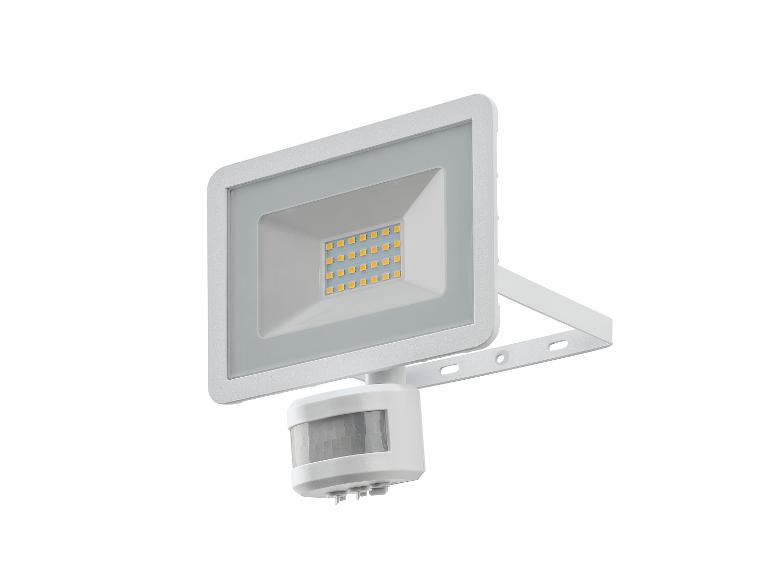 Een witte LED- buitenlamp met bewegingsmelder.