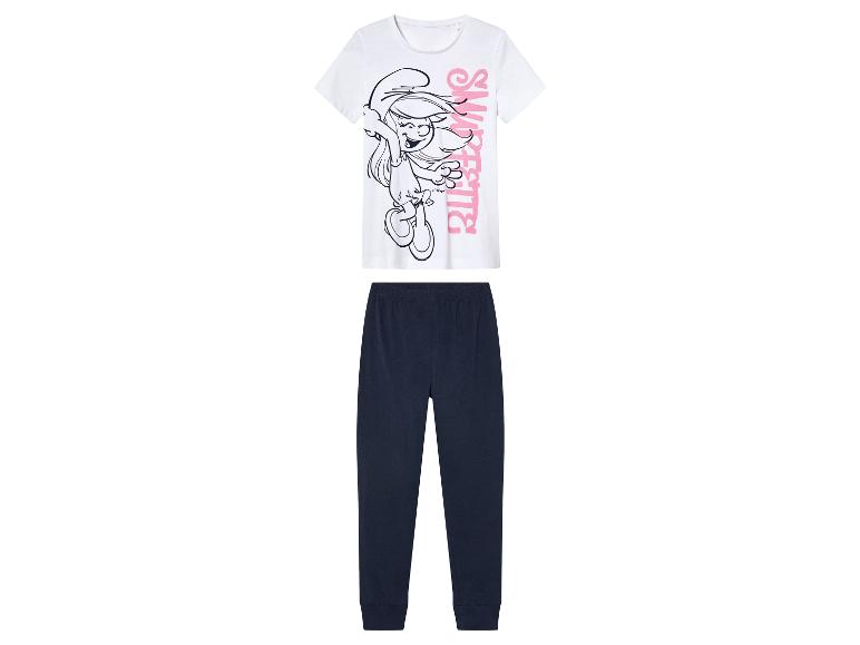 Pyjama met Smurfin print op een witte T-shirt en donkerblauwe broek.