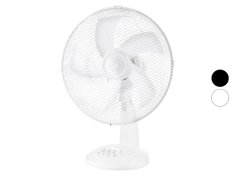 Witte tafelventilator met beschermrooster.