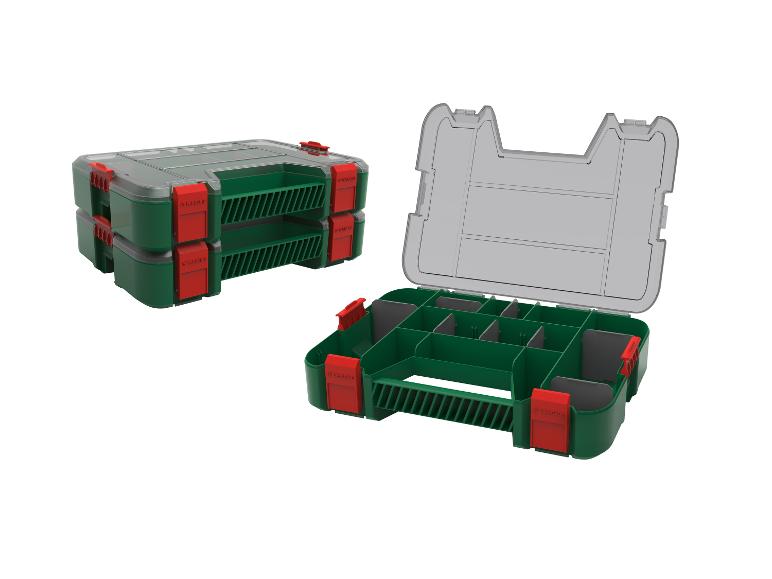 Boîtes à outils PARKSIDE vertes et rouges, une ouverte avec compartiments.