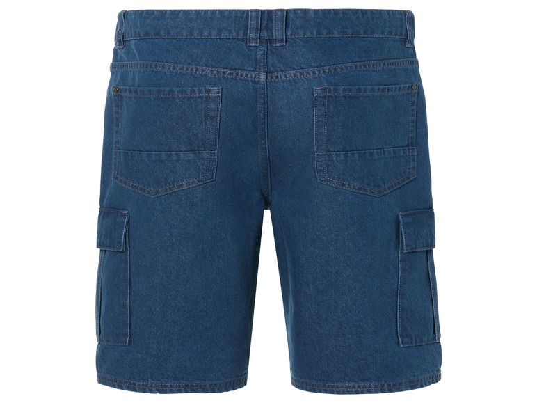 Een paar blauwe denim cargo shorts.
