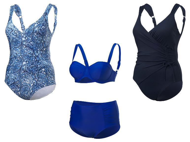 Badpakken, bikini en bikinibroekjes in blauw en navy met paisley print.