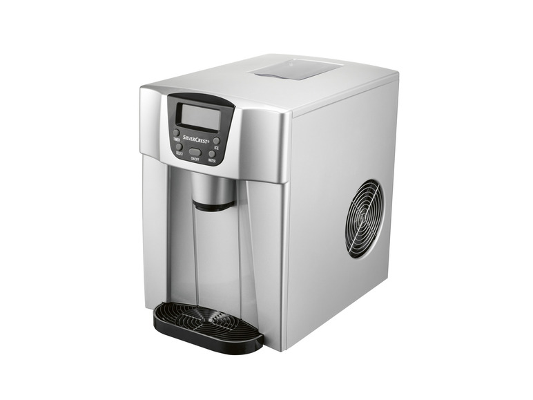 Une machine à glaçons SilverCrest argentée avec distributeur d'eau.