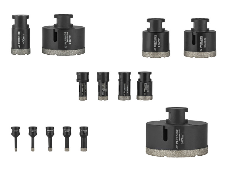 Een set van 13 Parkside boorkronen voor tegels, met diameters van 6 tot 83 mm.