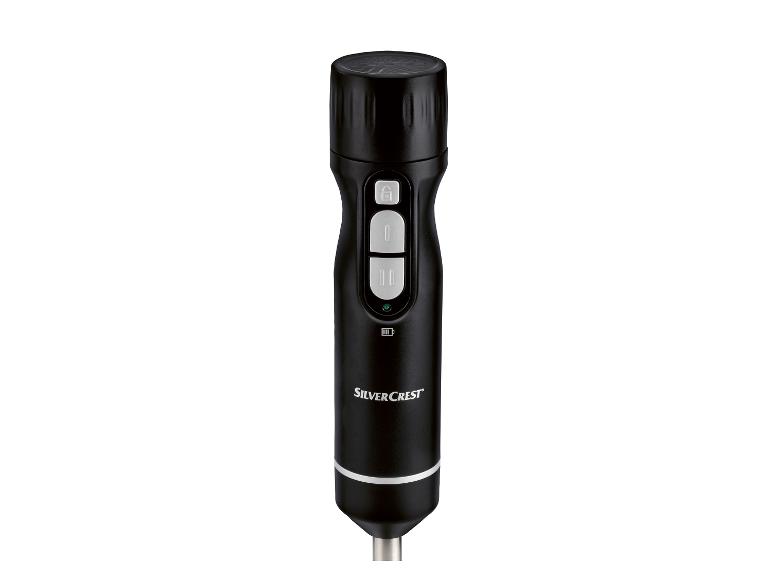 Zwarte SilverCrest staafmixer met meerdere snelheden.