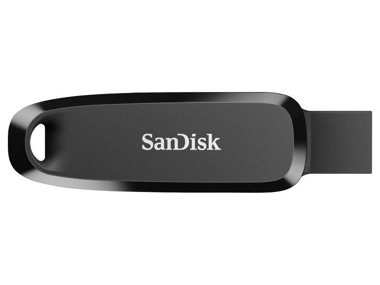Zwarte USB-stick met een sleutelhangergat, met het logo van de fabrikant.