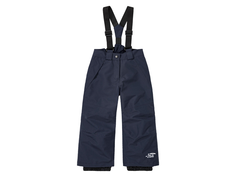 Een blauwe ski-broek met bretels voor kinderen.