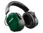 Casque antibruit vert et noir avec logo sur le côté.