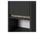 Zwarte kast met een licht houten compartiment en een open plank.