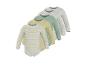 Babyrompertjes met lange mouwen in pastelkleuren: gestreept geel, geel, mintgroen en grijs.