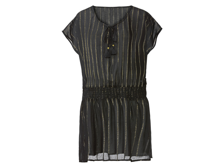 Zwarte gestreepte jurk met gouden details.