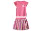 Roze top met korte mouwen en witte bloem en een regenboogkleurige tule rok voor kinderen.