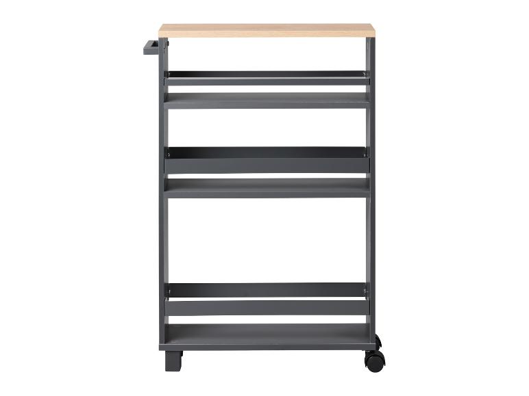 Grijze keukenwagen met houten aanrechtblad en wielen