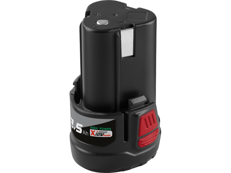 Zwarte gereedschapsaccu met 'HIGH POWER X12V TEAM' en '2.5 Ah' tekst.