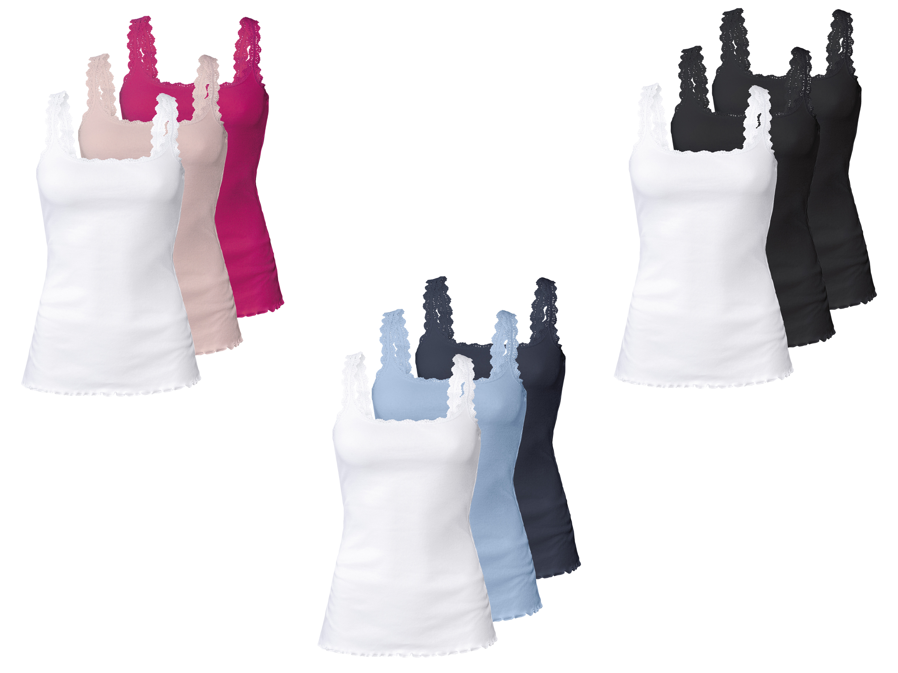 esmara® Set van 3 geribbelde tops met kant van een katoenmix