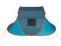 Een blauwe pop-up tent met een raam en oranje randen.