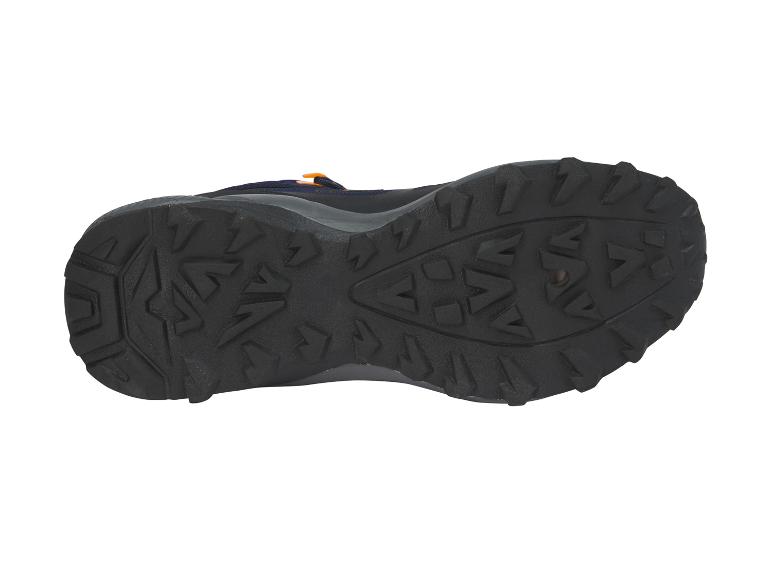 Semelle de chaussure de randonnée, noire avec accents orange.