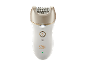 Épilateur blanc et doré avec tête rotative, bouton d'alimentation et indicateur lumineux.