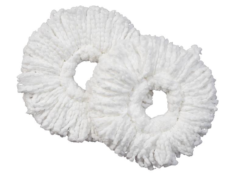 Twee witte microvezel dweilkoppen met centrale gaten