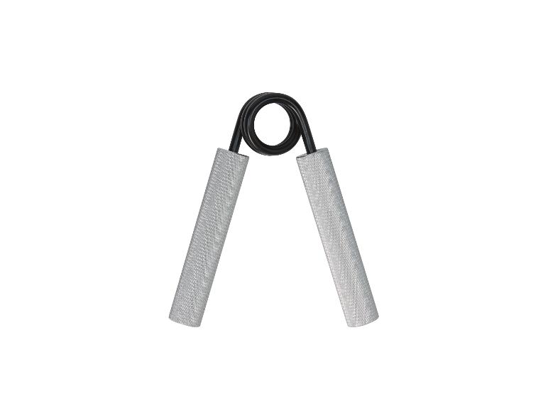 Een zilveren handgrip voor het trainen van de kracht in de handen.
