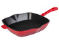 Une poêle à griller en fonte rouge avec un fond strié.