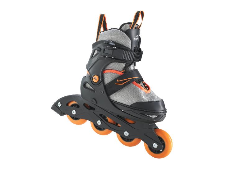 Rollers en ligne Crivit noirs et orange avec roues orange.