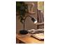 Zwarte bureaulamp met flexibele arm, verlicht een houten tafel met notitieboekjes en bril.
