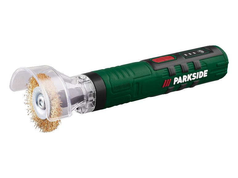 Groene draadborstel met een transparante beschermkap en een rode knop.
