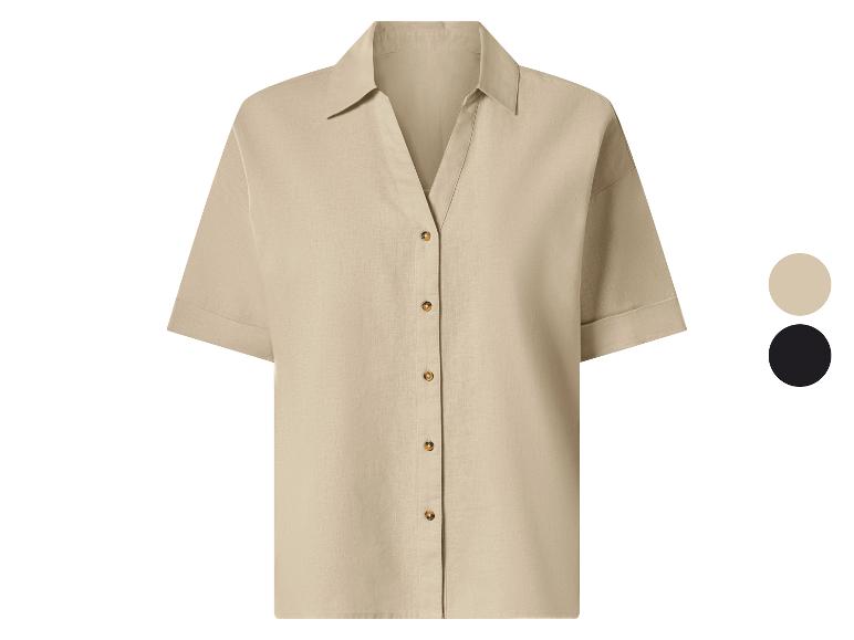 Dames overhemd met korte mouwen in beige met knopen, met een zwarte kleuroptie.