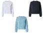 Trois pulls ajourés pour femme en blanc, bleu et bleu marine.