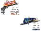 Twee speelgoedtreinsets met rails, figuren en accessoires.
