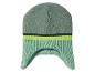 Bonnet tricoté vert avec cache-oreilles et rayures jaunes.