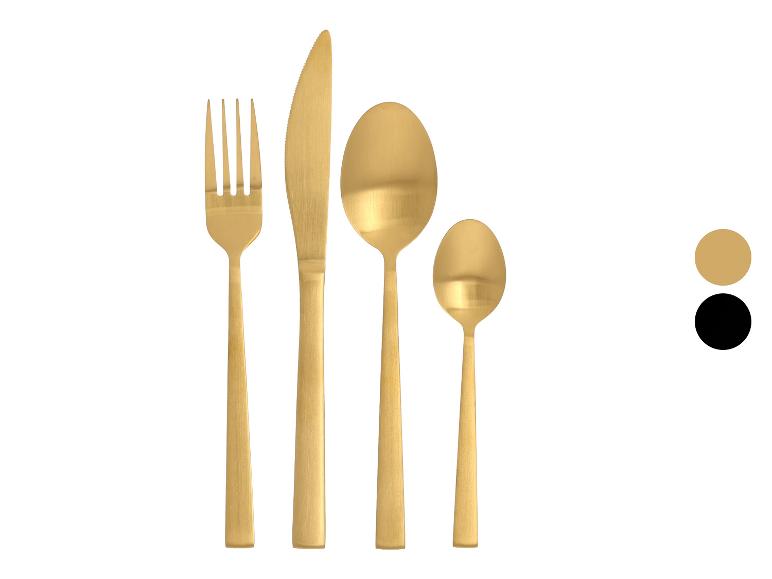 Gouden bestekset, inclusief vork, mes, eetlepel en theelepel.