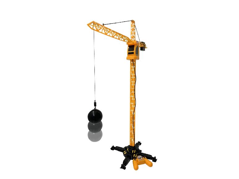 Grue de chantier jaune jouet avec une boule noire.