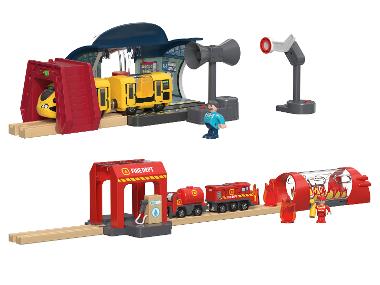 LUPILU® Circuit de train interactif en bois, gare ou caserne de pompiers