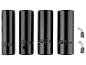Vier zwarte dopsleutels voor 17mm, 19mm, 21mm, 22mm moeren en twee koolborstels.