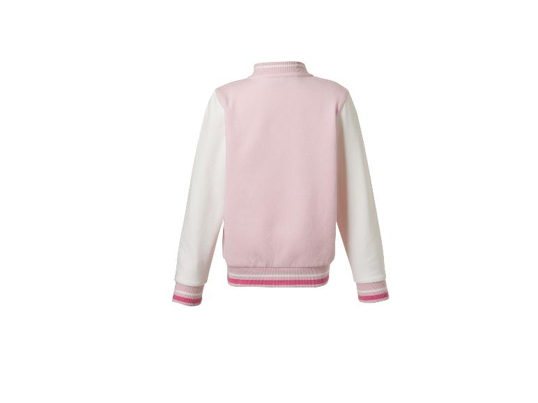 Roze en witte bomberjack met contrasterende mouwen en gestreepte manchetten, achteraanzicht