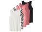 Vijf dames tanktops, waaronder een witte, een met luipaardprint en drie roze/zwarte.
